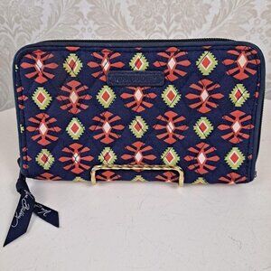Vera Bradley Wallet Navy Blue/Orange Pattern Orange Interior Zip Around EUC